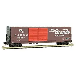 50' Double-Door Boxcar w/8' Doors, No Roofwalk, Short Ladders - Ready to Run -- Denver & Rio Grande Western #65204 (Boxcar Red, orange, Large Flying Grande)
