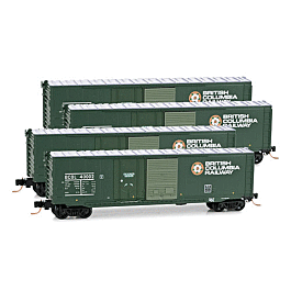 50' Plug & Sliding Door Boxcar No Roofwalk 4-Car Runner Pack - Ready to Run -- British Columbia Railway #40002, 40054, 40166, 40178 (green, Dogwood Logo)