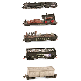Cemetery Central Halloween Train-Only Set w/Model Power 2-8-2 - Standard DC -- Flat w/Caskets/Hearse, Cemetery Gondola, Hopper w/Bones, Mausoleum Caboose