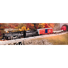 Steam-Deluxe Freight Train Set -- 0-4-0 w/Tender, Box & Flatcars, Caboose, Semi, 27 x 63" Oval, Transformer