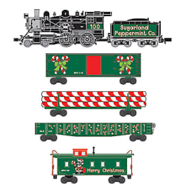 Sugarland Peppermint Company Christmas Train Set - Standard DC -- Steam 4-4-0, Cupola Caboose, Log Car, Gondola, Boxcar w/Peppermint Loads
