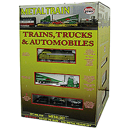 "Trains, Trucks, & Automobiles" -- Union Pacific 2 F7A Diesels, 4 Cars, 3 Autos, Carrier, Loading Dock, Track