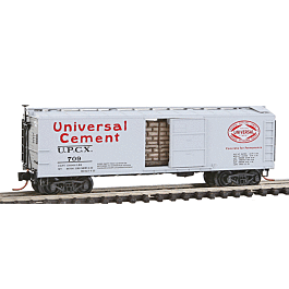 USRA 40' Steel Single Door Boxcar w/Cement Bag Load, Assembled -- Universal Cement UPCX #709 (gray, black Ends, red and white Herald)
